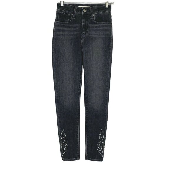 Levi's 721 Womens size 25 High Rise Skinny Stretch Denim Jeans Black Embellished - Picture 1 of 11